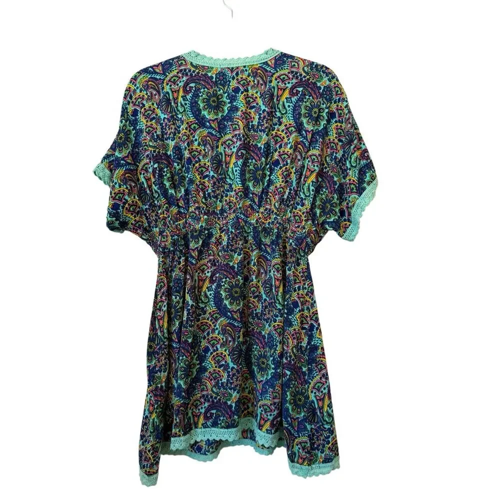 American & Beyond Caftan Dress/Swim Cover Teal Paisley Size M Festival, Resort
